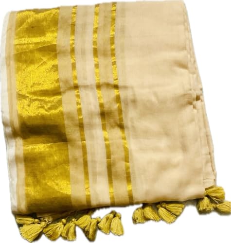 Image of Women's Mul Cotton Saree with Tassels | Soft Mulmul Saree | Woven Stripes & Zari Line | 5.5 Metres - Without Blouse