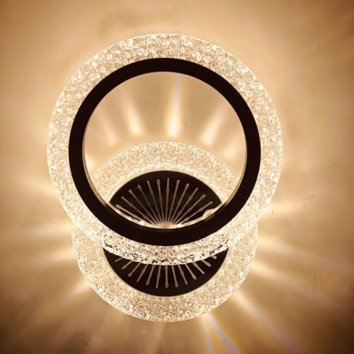 Image of SINOMAN Modern Inbuilt LED Crystal Wall Light Decorative Ring Design Sconce 3 Step Adjustable Color Changing, Ambient Lighting for Living Room, Bedroom, Hallway, and Home Decoration