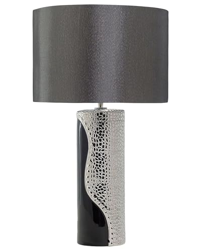 Beliani Lampe à Poser E27 Max 60W Base en Porcelaine Noir et Argenté Abat-Jour Rond Aiken