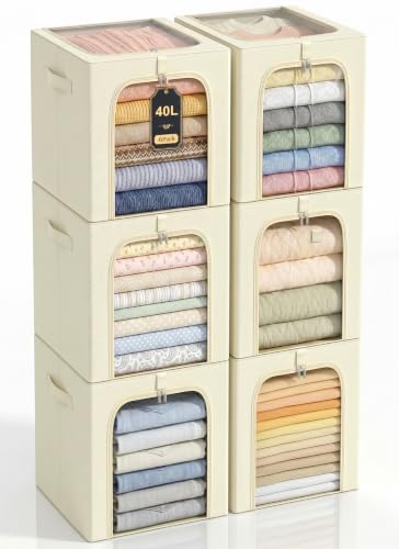 GoMaihe Clothes Storage Bins with Metal Frame for Closet, 40L 6-Pack Beige