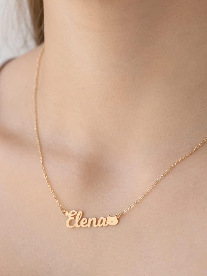 Colgante Personalizado con Nombre - Plata de Ley 925/1000 para Mujer – Collar Artesanal con Cadena Ajustable - Hecho en España (Modelo Cat Oro, Plata de Ley)