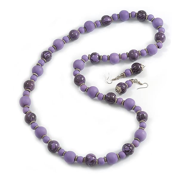 Collar largo de 80 cm y pendientes morados de madera con estampado animal para mujer 6