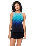 Reebok Women's Swimwear Sport Fashion Prime Performance High Neck Tankini Bathing Suit Top, Blue, 14