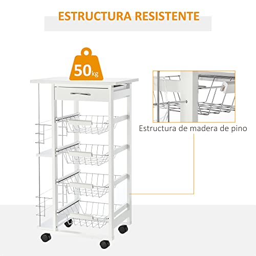 Miniatura 5 de Homcom Carrito De Cocina Con Ruedas Carro Multiusos Con Cajón 4 Cestas Extraíbles De Metal Y Bastidores Laterales 47x37x83 Cm Blanco