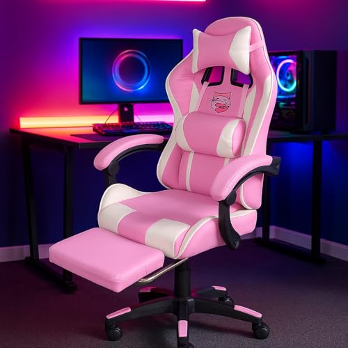 Cadeira Gamer Ergonômica com Apoio para os Pés, Reclinável, Moldada, com Almofadas para Pesçoco e Lombar (Branca Rosa)