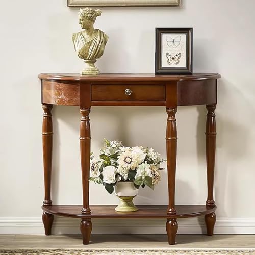 Image of Terraphy Solid Wood Console Table with Drawer, Half-Moon Console Table, Vintage Hallway Table with Storage Shelf, Semi-Circular Sofa Table for Living Room (Walnut, 60 cm W x 30 cm D x 80 cm H)