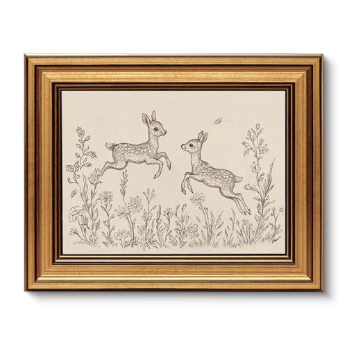 Image of VIYYIEA Vintage Gold Framed Wall Art for Living Room, Sika Deer Canvas Prints Home Decor, Sketch Painting Picture, Bedroom Wall Decor Gifts for Friends or Family -【Sika Deer】-(10L x 8W)