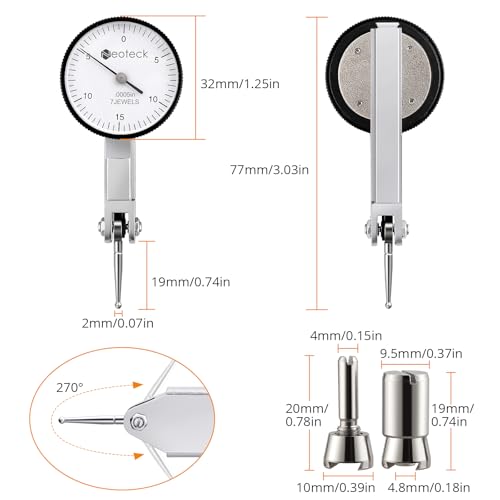 Neoteck Dial Test Indicator with Storage Case, 0-0.03"/0.0005" Test Indicator with 2 Steel Dovetail Clamps 3/8'' and 5/32'' for Machine Set-Up, Narrow Area Measurement