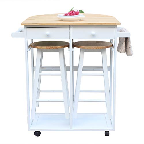 FCH Folding Dining Table and Chair Set, Solid Wood Drop Leaf Breakfast Cart Table Set Kitchen Trolley Island Cart with 2 Round Stools and 2 Drawers for 2 - Thumbnail 7