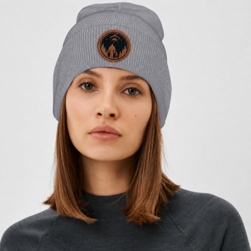 Image of Big Foot Beanie Hat, Sasquatch Leather Patch Winter Knit Skull Cap Bigfoot Gifts for Adult Men Women