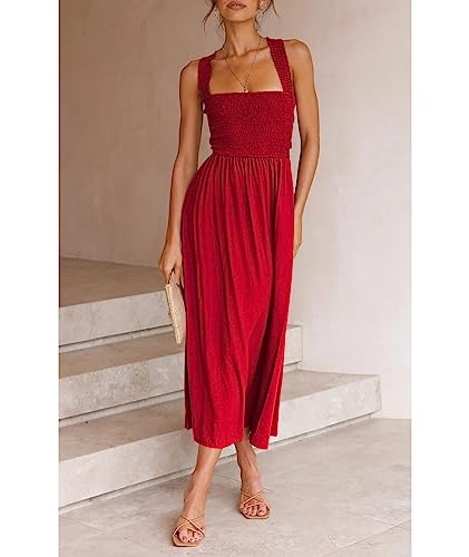 Image of Sexyshine Women's Square Neck Halter Lace Up Criss Cross Maxi Dress Tie Back Sleeveless Smocked Ruched A Line Dress