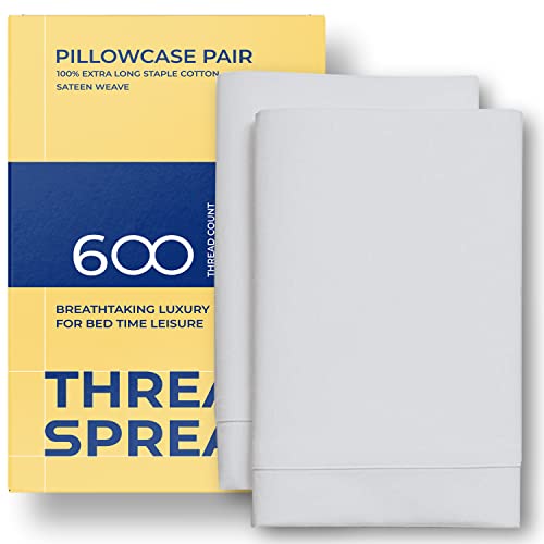 600 Thread Count 100% Egyptian Cotton Pillow Cases, Silver Queen Pillowcase Set of 2, Long-Staple Combed Pure Natural 100% Cotton Pillows for Sleeping, Soft & Silky Sateen Weave Bed Pillow Cover