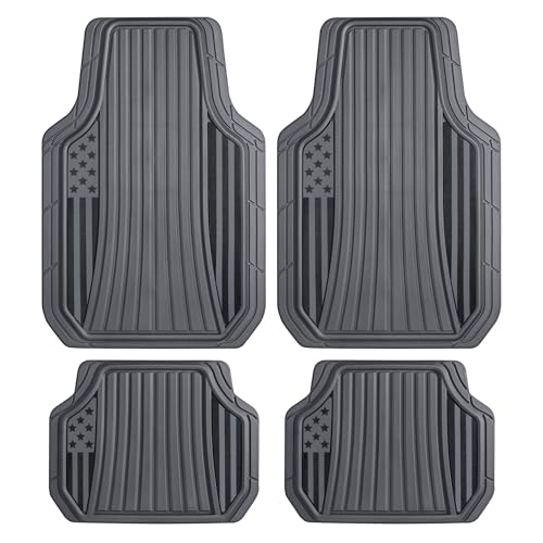 Image of MotorTrend Black Flag Rubber Floor Mats - All Weather Car Mats with American Flag Stars & Stripes Design, Heavy-Duty Automotive Floor Mats for Cars, SUVs & Trucks Grey /Black