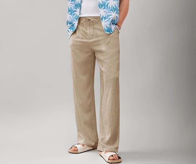 Image of GRECIILOOKS Men's Linen Trousers | Loose Fit Linen-Cotton Casual Pants for Men | Relaxed Office Wear Formal Trousers for Men | Stylish Beige & Pants