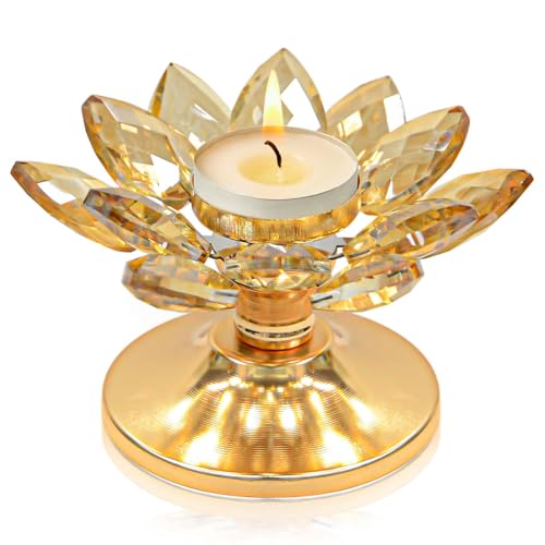 Portavelas de cristal con flor de loto, candelabro de cristal con base de metal dorado, soporte para velas votivas para centro de mesa, decoración de bodas/fiestas, bonito regalo (1, dorado)