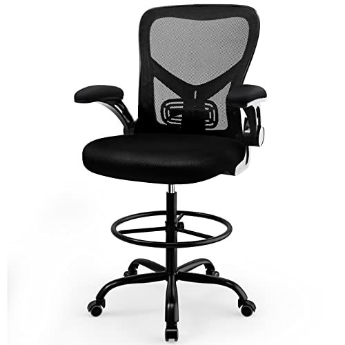 Image of dreamlify Drafting Chair,Tall Standing Desk Chair Comfortable Office Chair with Foot Ring Flip-up Padded Arms Height Adjustable Computer Task Chair Ergonomic Mesh Mid-Back Desk Chair,Black