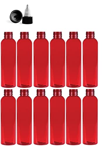 4 Ounce Cosmo Round Bottles, PET Plastic Empty Fillable BPA-Free, with Black/Natural Twist Top Caps (Pack of 12) (Red)
