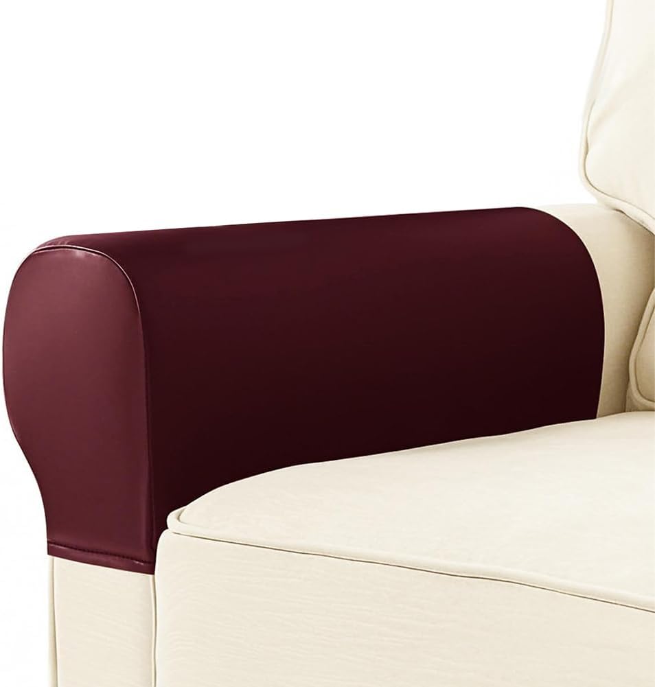 GORGECRAFT 2Pcs Imitation Leather Look Couch Arm Covers Dark Red Waterproof Faux Pu Leather Vintage Stretch Arm Rest Covers for Sofa Chair Protectors Stretch Armchair Slipcovers Protector