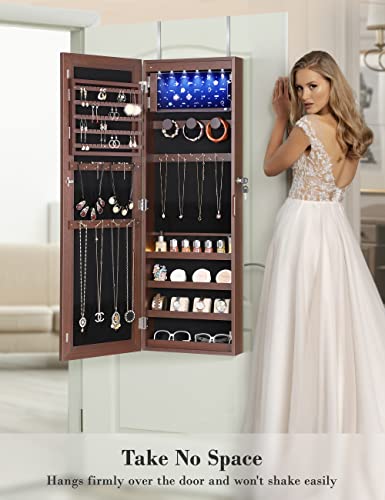 Nicetree 6 Leds Jewelry Mirror Cabinet, 4.2" D Full Length Mirror With Storage, Door/Wall Mounted Jewelry Storage Mirror, Acrylic Cover, Larger Capacity, Brown #TOP6