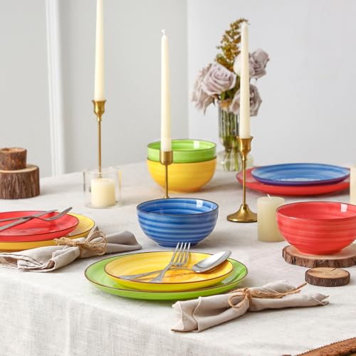 Image of Selamica Ceramic Plates and Bowls Sets,18 Pieces Dinnerware Sets for 6,Dishwasher & Microwave Safe dish set,Family & Holiday Dining, Dopamine
