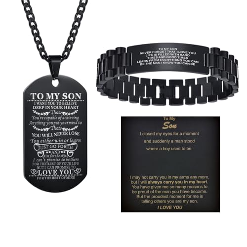 Butishop Son Gift Personalized Braided Bracelet from Mom and Dad with Dog Tag Necklace You Will Never Lose Birthday Graduation Valentines Gifts Black Stainless Steel