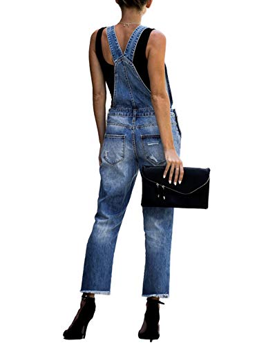 Luvamia Women's Casual Distressed Adjustable Denim Bib Overalls Jeans Pants Jumpsuits Denim Blue Size Large #TOP1
