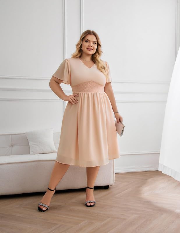 Hanna Nikole Grandi Dimensioni Donna Abiti In Chiffona Maniche Volant Abiti Casual Semiformale Estate Che Scorre Ospiti Di Sposa Abito Midi A Linea Abito Con Vita