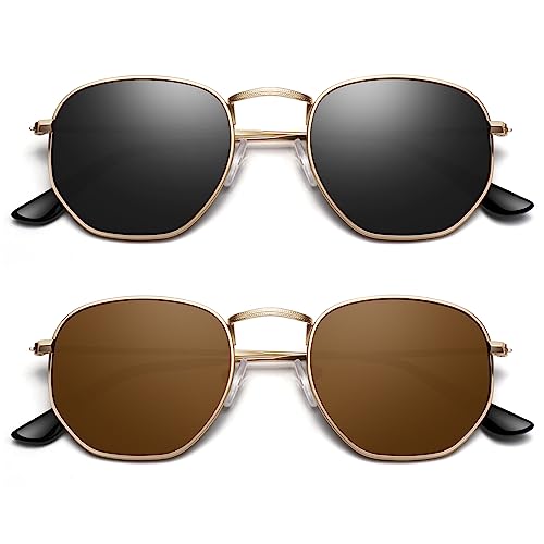 Sunier Polarized Sunglasses Womens Men, Trendy Hexagon Metal Sun Glasses, UV400 Protection Shades