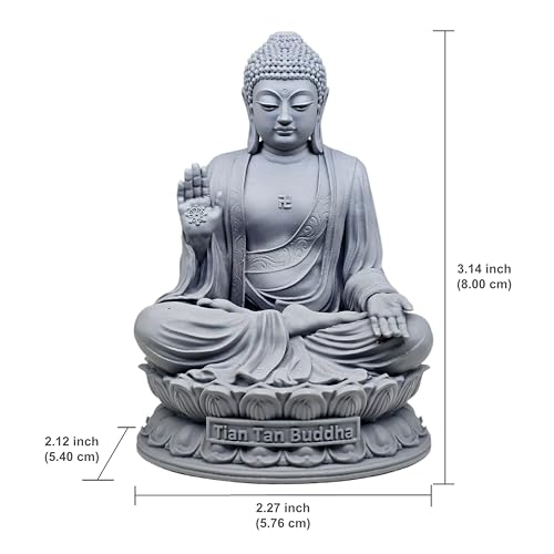 Image of MurtiHome Tian Tan Buddha Idol, Siddhartha Gautama The Shakyamuni Statue | 8 cm Tall Small Grey Color Figure Made From UV Resin, Crafted by 3D Printer for Car Dashboard, Home, Office, Gift