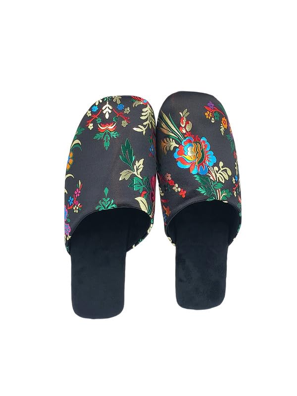 Women's Embroidered Satin Closed-Toe House Slippers - Comfortable Indoor Slides4
