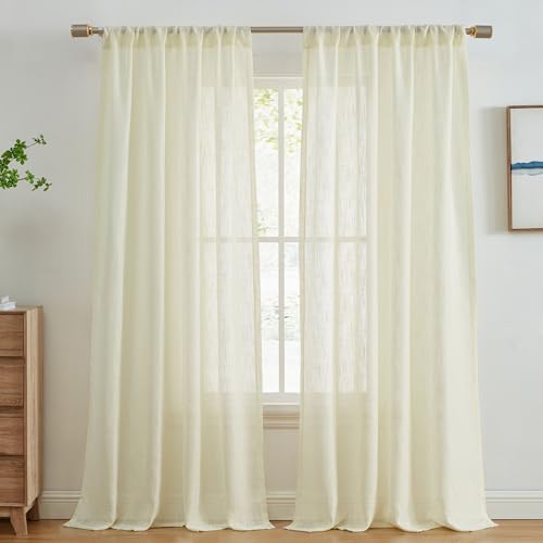 HLC.ME Linda Faux Linen Textured Semi Sheer Privacy Light Filtering Transparent Window Rod Pocket Floor Length Thick Curtains Drapery Panels for Office & Living Room, 2 Panels (54 W x 84 L, Ivory)