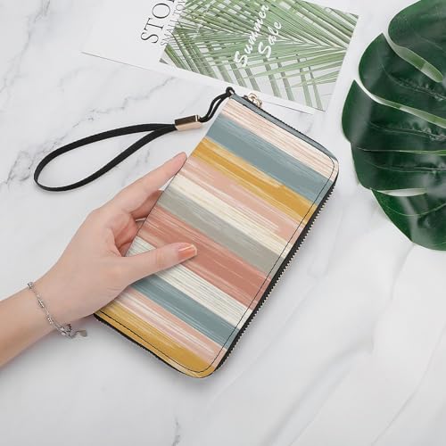 Stripped Pattern with Subtle Colors PU Leather Clutch Long Bifold Wallet, Coin Purse Credit Pass Case, Durable Card-Holder Money Storage for Women Men4