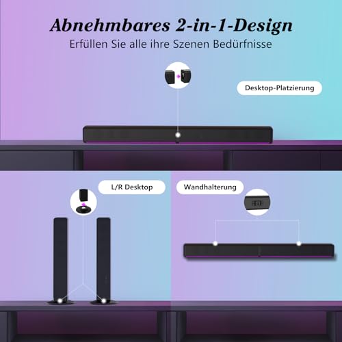 Soundbar für TV Geräte mit RGB-Beleuchtung, 2.2 Kanal Teilbare 2-in-1 TV Soundsystem mit 3 EQ-Modi, Bass Einstellbare, 180W Bluetooth Lautsprecher für Fernseher/Gaming/PC/Beamer mit ARC/Opt/Aux/USB