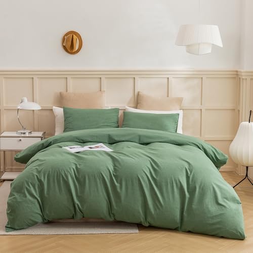 Image of ECOCOTT Sage Green Duvet Cover Full Size, 100% Washed Cotton 3-Piece Bedding Set - Ultra Soft, Breathable & Easy Care with Zipper Closure and 2 Pillowcases (No Comforter)