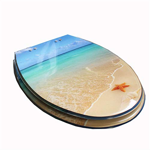 FTYYSWL WC-Sitz aus Kunstharz, Absenkautomatik, mit Top Fix und Schnellverschluss, einfache Montage, einfache Reinigung, antibakterieller Toilettendeckel, Seestern am hellblauen Strand