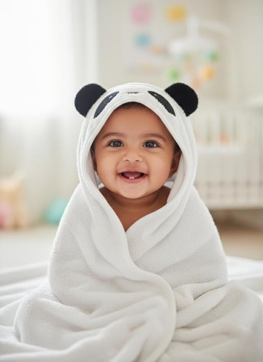Image of Masilo 100% Cotton Hooded Towel /Ideal for Babies 0-18months / Luxurious and Super Absorbent Baby Towel /Infant to Toddler Wrap Towel with Hood /Soft, Lightweight and Breathable /Panda /White