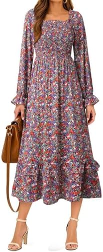 Dokotoo Boho Dresses for Women 2025 Casual Floral Square Neck Long Sleeve Smocked Elastic Waist Tiered Ruffle Hem Maxi Dress
