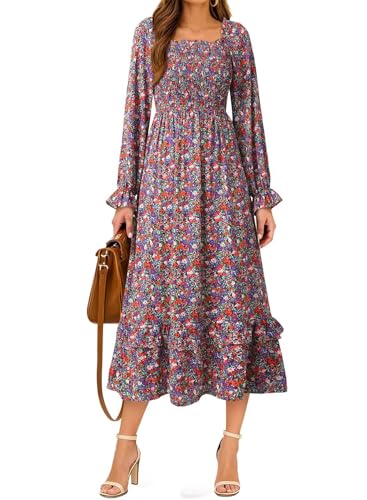Dokotoo Boho Dresses for Women 2025 Casual Floral Square Neck Long Sleeve Smocked Elastic Waist Tiered Ruffle Hem Maxi Dress