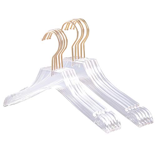 TTBD 5 Pcs Clear Acrylic Clothes Hanger with Gold Hook, Transparent Shirts Dress Hanger with Notches for Lady Kids S