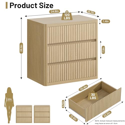 Fluted Nightstand Set of 2, Natural Oak Night Stand with 3 Drawers, Bedside Table with Storage, Mid Century Modern End Table Bedside Table Set, Curved Profile Handleless Design, 25” Wide - Image 3