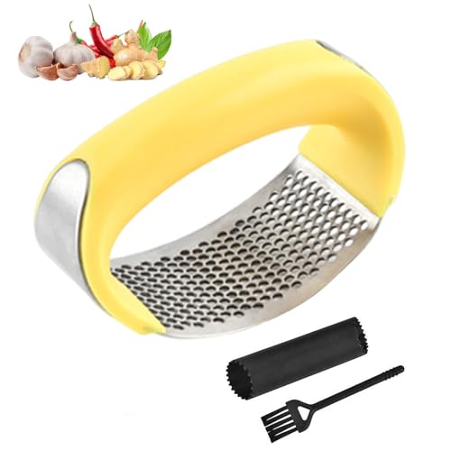 Garlic Press Garlic Crusher Kitchen Garlic Rocker 304 Food Grade Stainless Steel Ginger Crusher with Cleaning Brush & Silicone Garlic Peeler (Yellow)