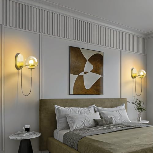 Image of Modern Amber Glass Wall Sconce Gold Wall Sconces Set of Two 5.51 in Glass Globe Wall Light Fixtures for Bedroom Bathroom Hallway Sconces Wall Lighting