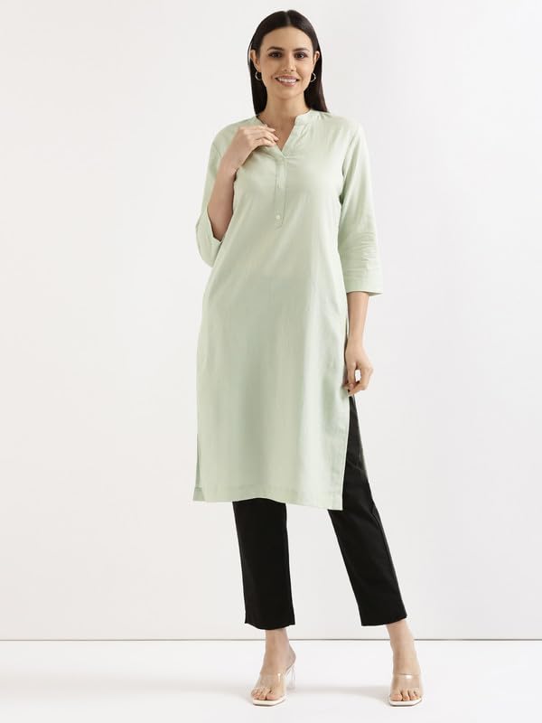 Image of SAADAA Women's Linen Straight Fit Straight Long Kurta Airy Plain Kurta, 3 /4 Sleeve, Knee Length Kurtis with Pockets, Casual and Office Wear