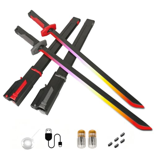 CrosCentury 2 Pack 31.5 Spark Sword with Mist Sound - 8 Color RGB LED Sword Toy for Kids & Adults Light Up Cyberpunk Katana for Dueling Cosplay Party Includes 50 Extra Flint