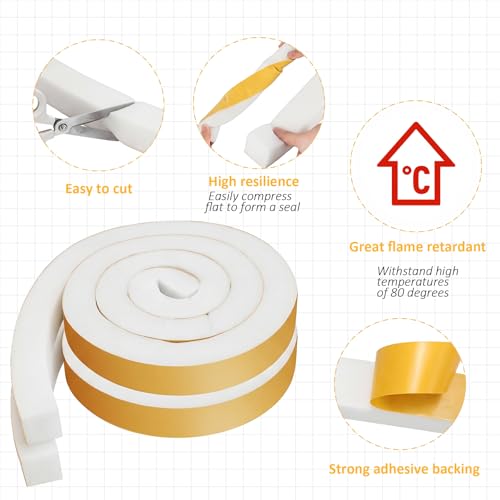 Image of 2 Rolls 1-1 /2 Inch W x 1-1 /2 Inch H Foam Weather Stripping with Adhesive 8 ft Foam Density Closed Cell Tape Seal for Uneven Gaps Doors Windows (White)