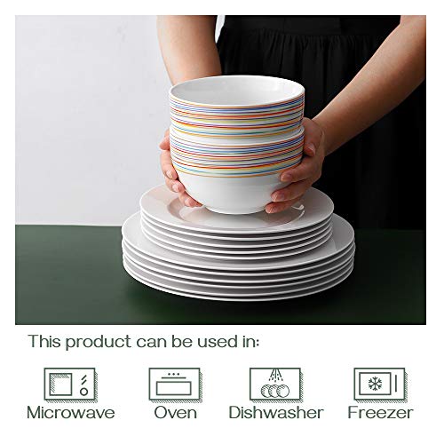 Dowan Deep Cereal Bowls, 30 Oz Deep Soup Bowls For Eating, Ceramic Serving Bowls For Oatmeal - Microwave Safe, Set Of 4, White With Rainbow Stripes #TOP3