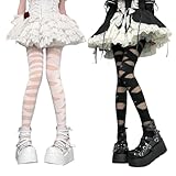 AKAMAS 2 Paar Damen Lustige Criss Cross Bandage Strumpfhose,Sexy Kette Muster Nylon Strümpfe,Elastische Hohe Taille Dünne Stockings,Modische Transparent Jacquard Dessous,Lolita Gothic Zubehör A