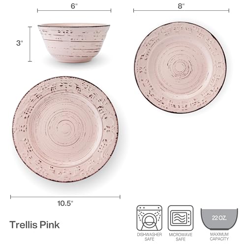 Image of Pfaltzgraff Pink Trellis 12-Piece Dinnerware Set, Stoneware Plates and Bowls Sets for 4, Dishwasher and Microwave Safe, Rustic Garden-Inspired Design