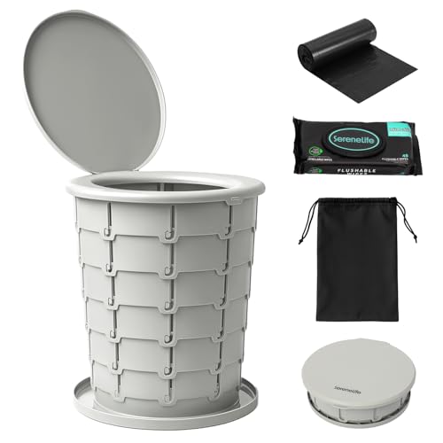 Image of SereneLife Foldable Toilet Seat for Camping, Adjustable Height Portable Travel Potty with Lid, Carry Bag, Non-Slip Base, 331 lbs Capacity + 3-Pack Flushable Wipes, for Car, Hiking, Outdoor Use, Gray