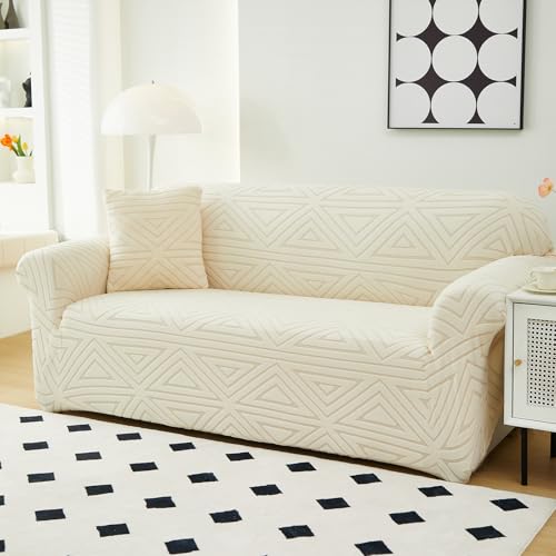 Housse de canapé extensible jacquard beige 2 places universelle - 5